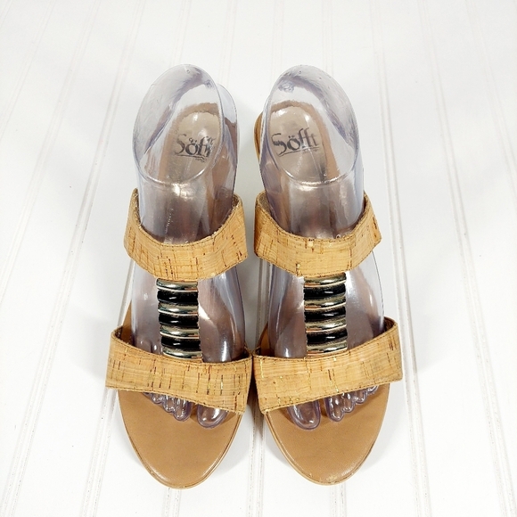 SOFFT Wedge Cork Tan Gold Accents Ultra Comfy Slip On Slide Sandals A429 - Picture 4 of 14